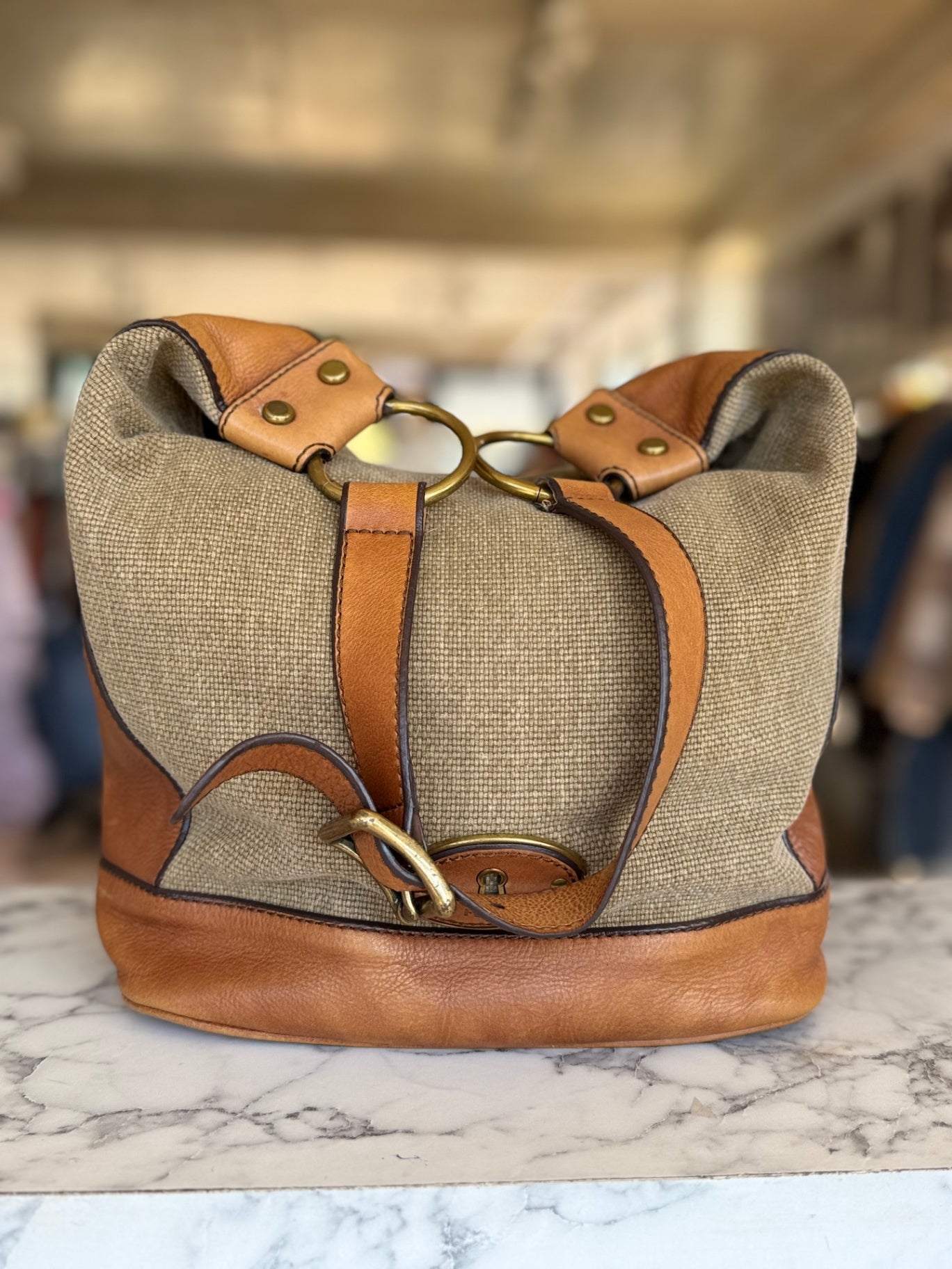 Fossil tan leather and canvas handbag RRP 3.5K