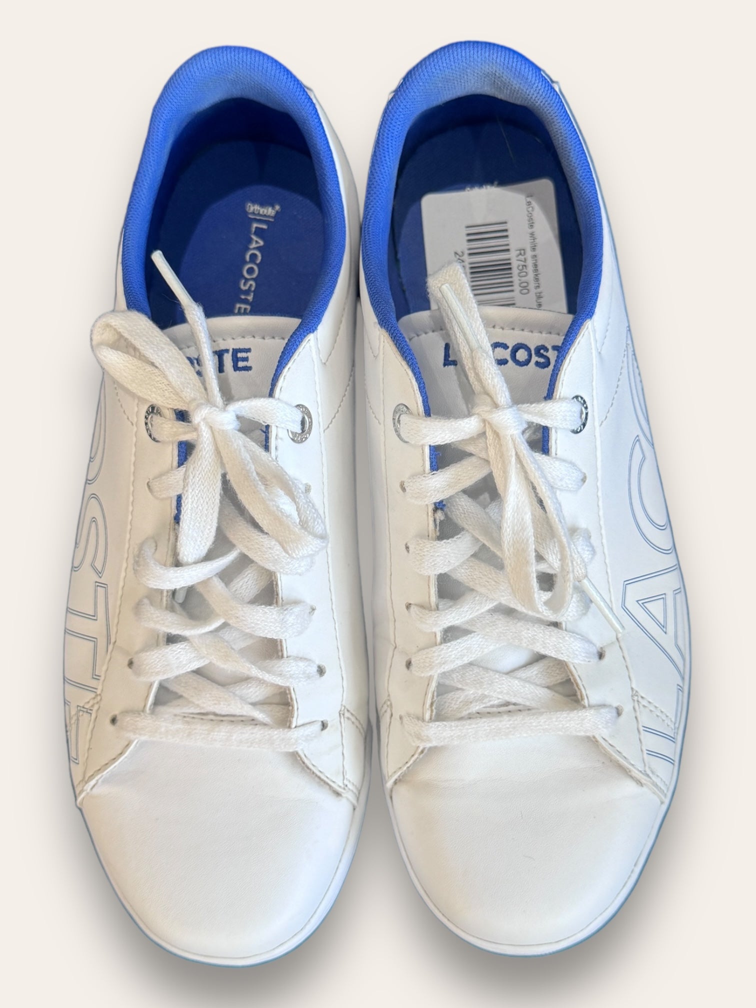 LaCoste white sneakers blue writing 5