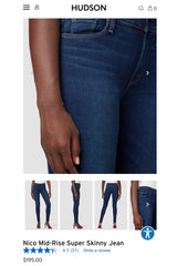 HUDSON Nico mid rise navy/blue skinny jeans 27 (NEW) RRP $195
