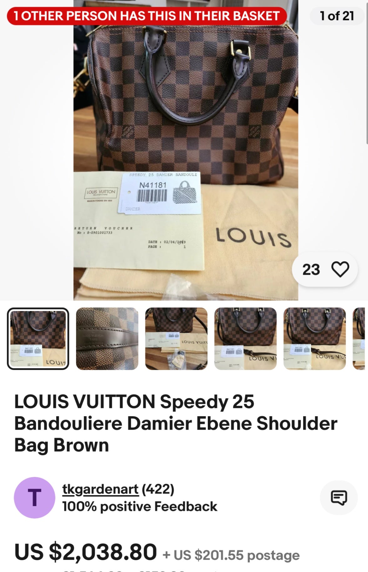 Louis Vuitton Damier Ebene Speedy Bandouliere 25 $980