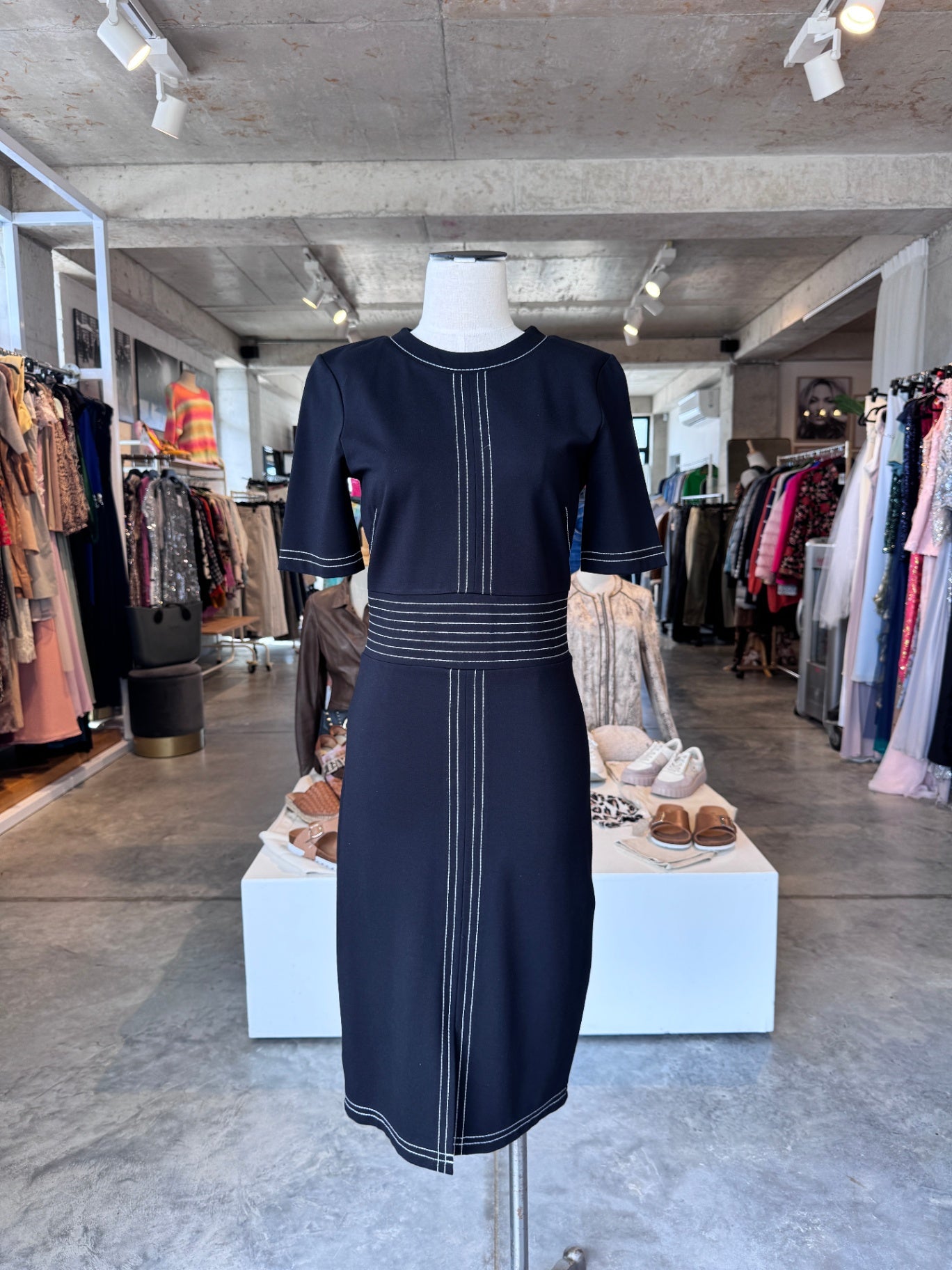 Country Road Black w white stripes structured dress S RRP 2,500