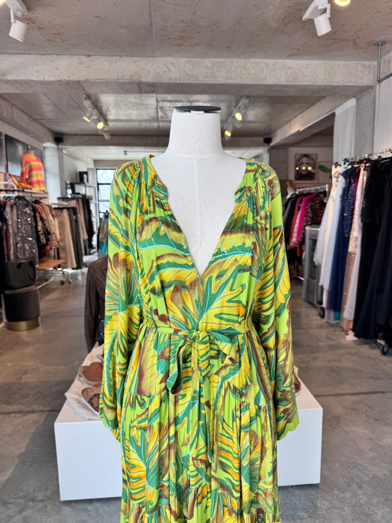 Tropez collection greens/mustard/brown maxi dress L