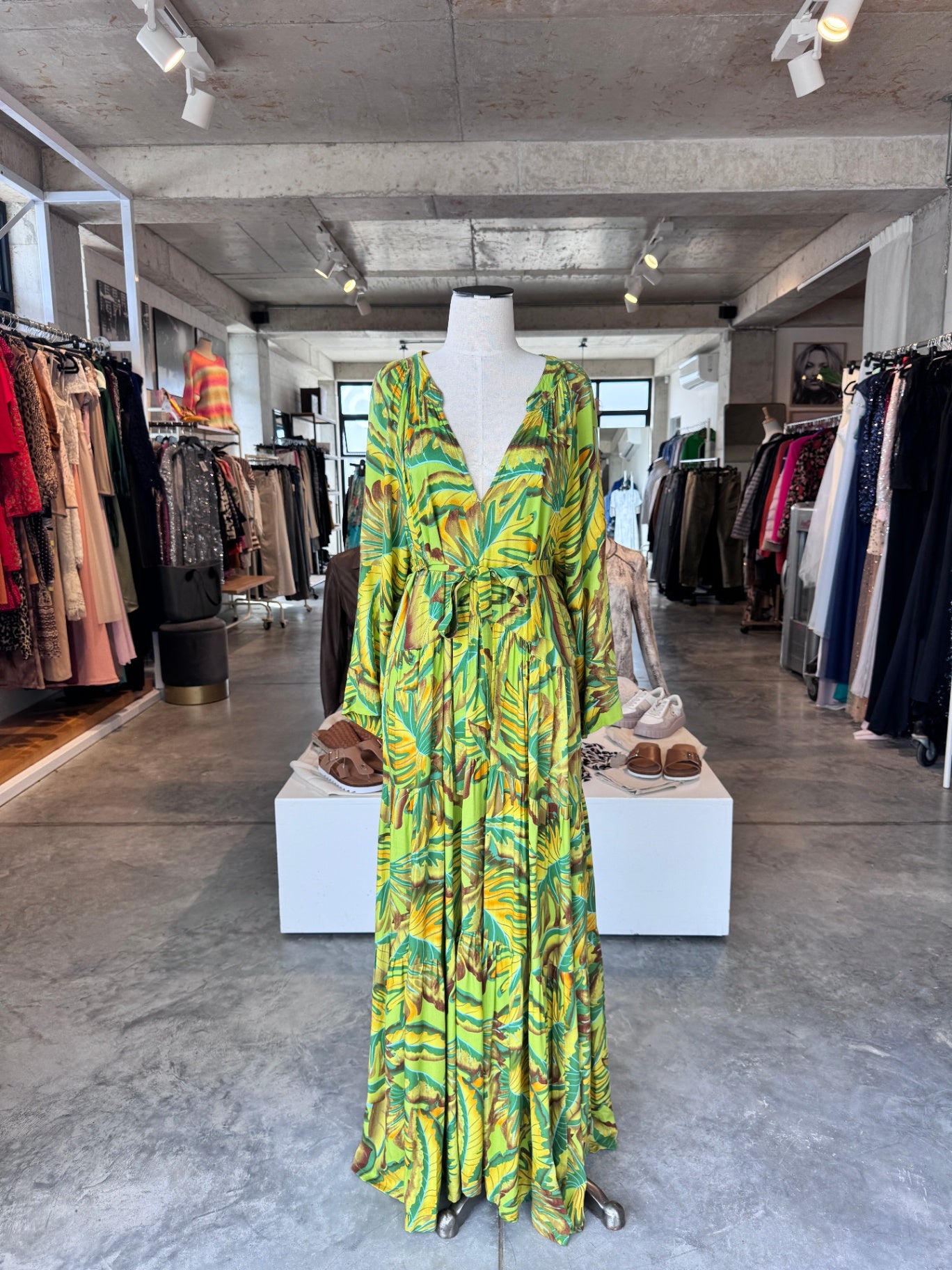 Tropez collection greens/mustard/brown maxi dress L