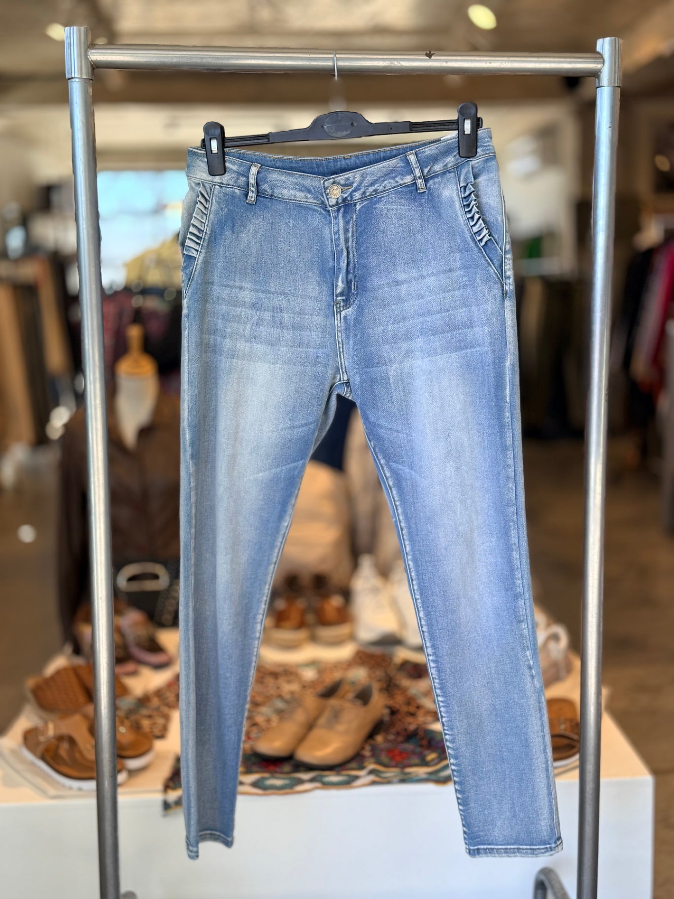 NAIIF Light blue denims w frilly pocket detail L