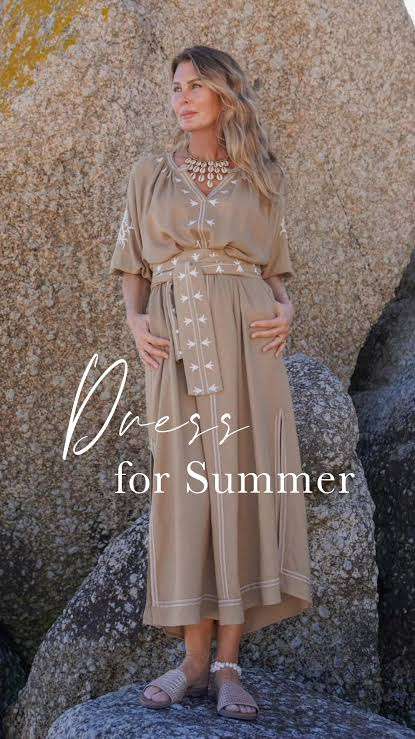 Desray beige maxi dress w white embroidery & belt 30