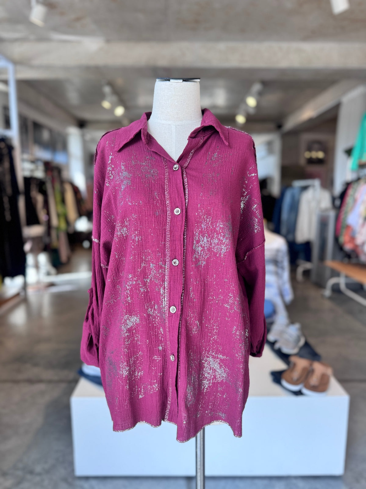 Made in Italy wine button up shirt silver foiling
