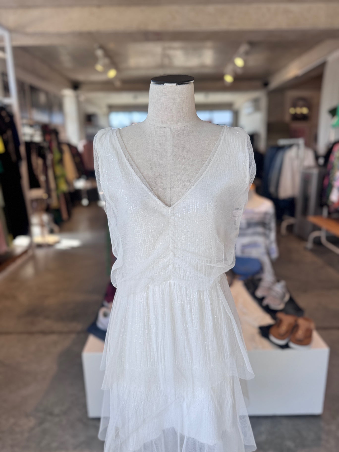 Made In Italy white sheer w sequin layered dress 8/10