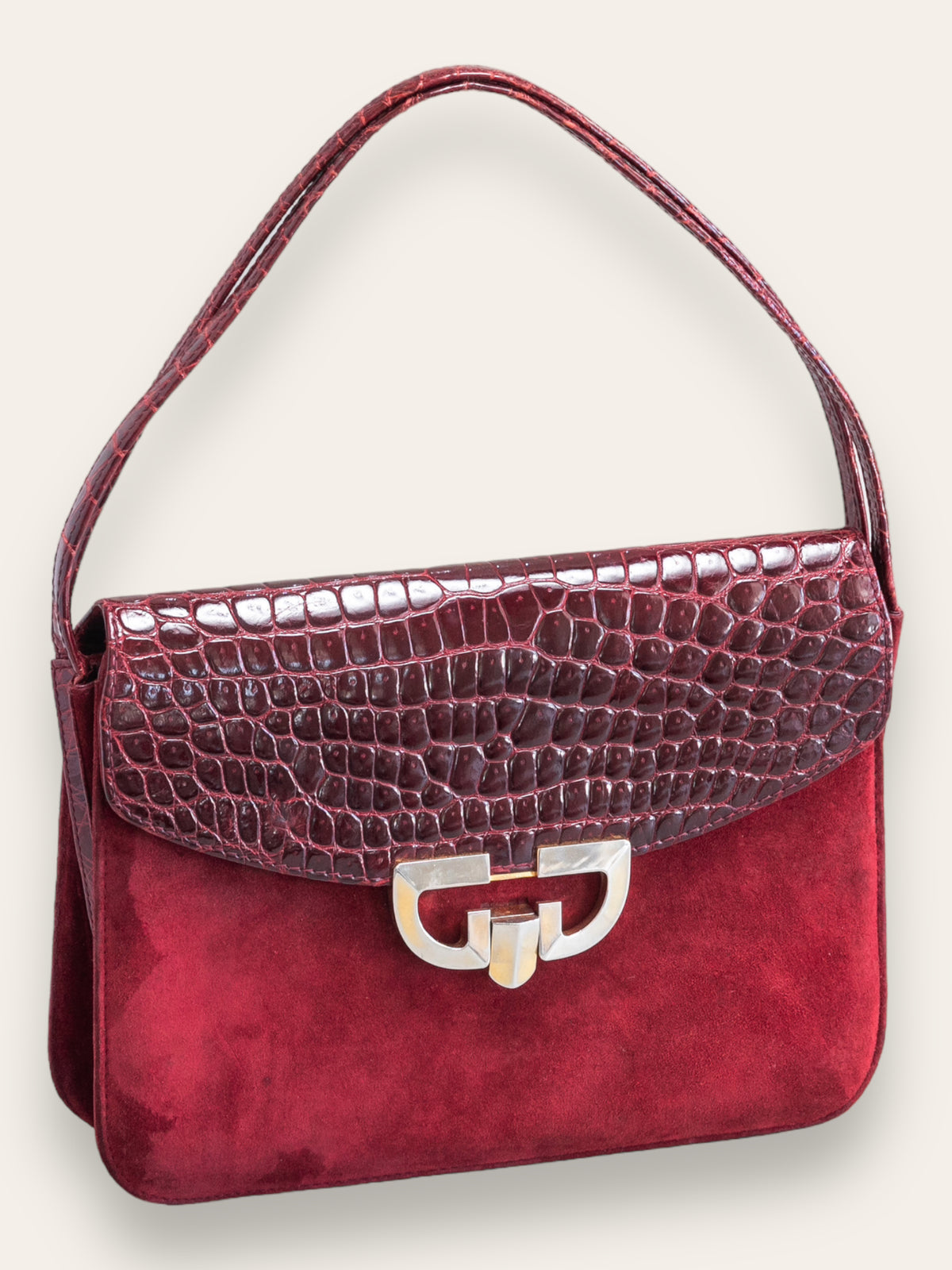 GUCCI maroon red crocodile and suede handbag